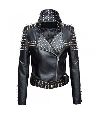 Women's Genuine Leather Studded Punk Rivet Zipper Slim Fit Winter Style Cropped Jacket